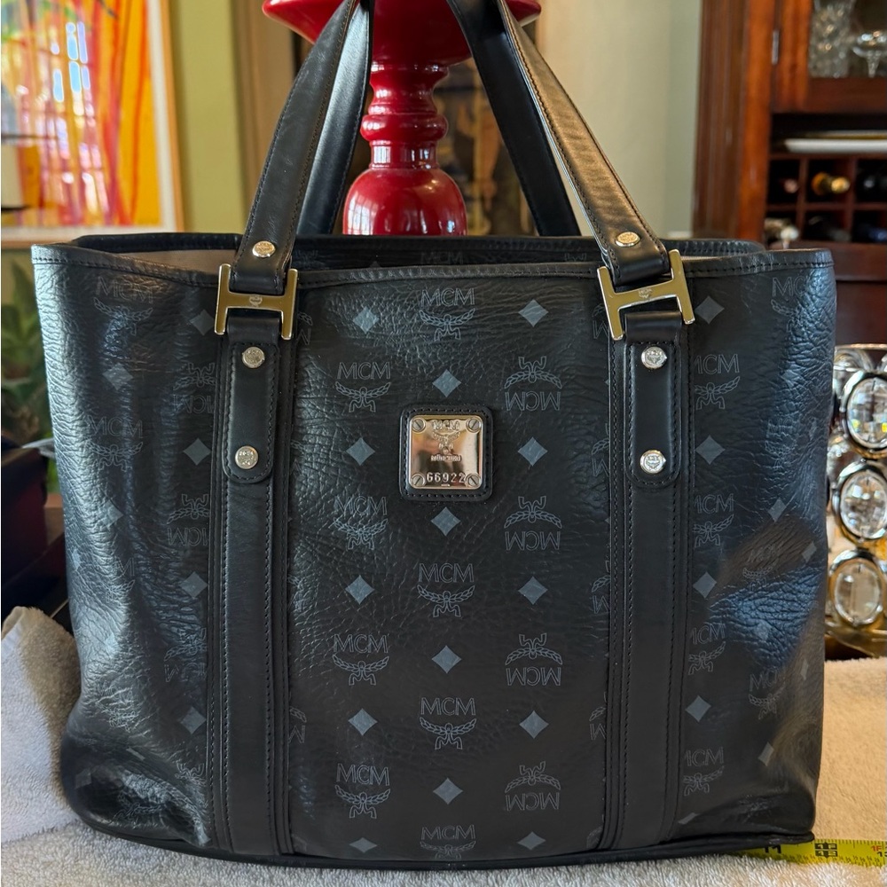MCM Black / gray Monogram Coated Canvas Tote with silver Hardware